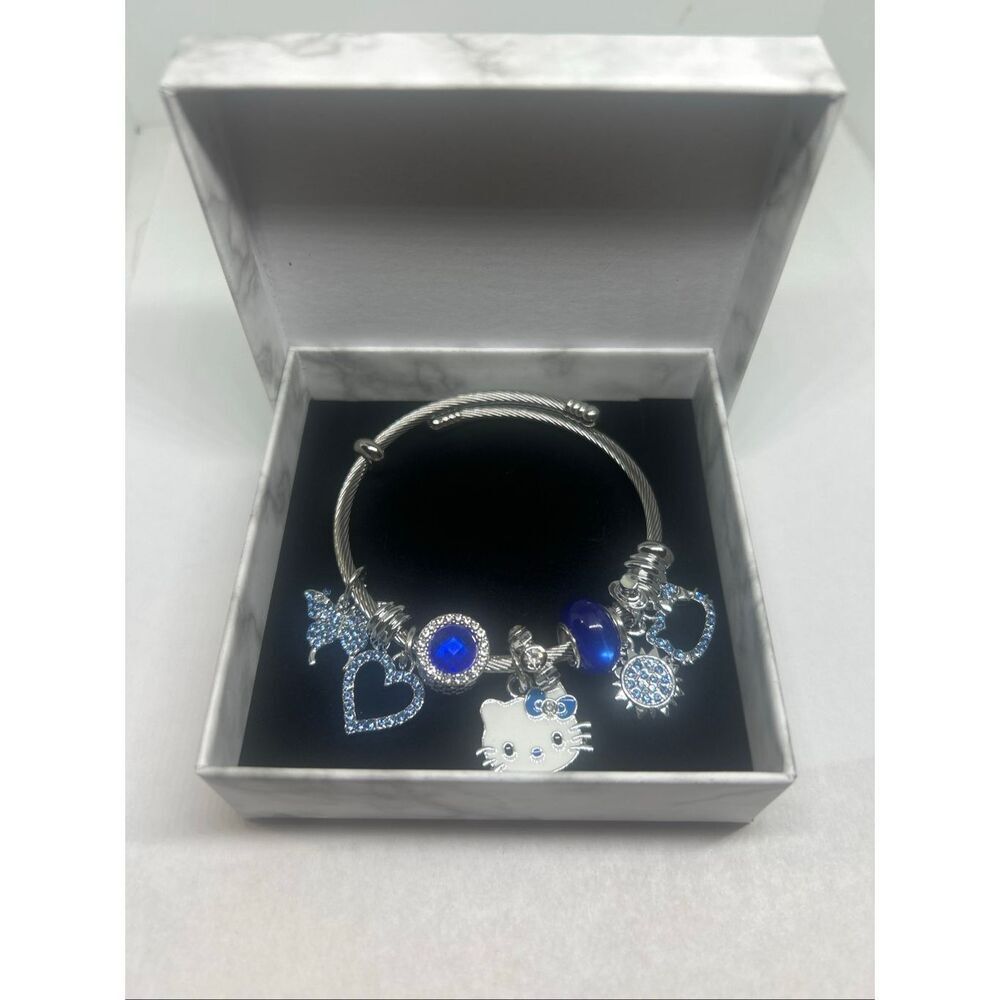 NEW Hello Kitty Charm Bracelet Blue Rhinestone Silver Tone Cable Bangle